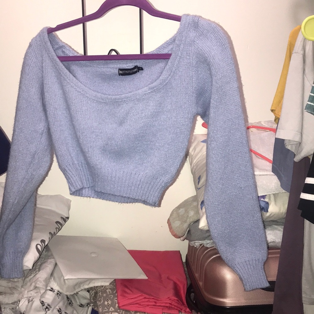 PRETTYLITTLETHING BLUE OFF SHOULDER SWEATER